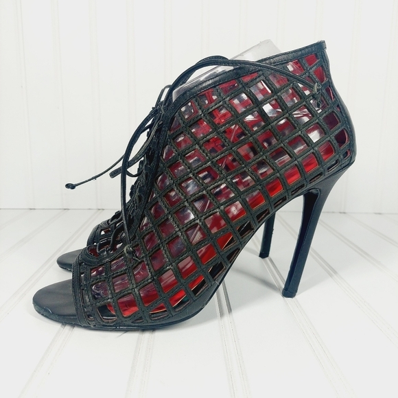 Charles Jourdan Black Leather Peep Toe Lace Up Heels E705 - Picture 1 of 13